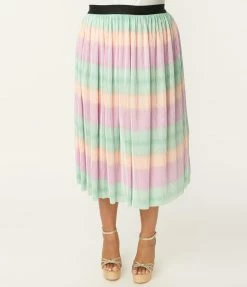 Unique Vintage Plus Size Pastel Ombre Pleated Hilty Skirt