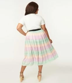 Unique Vintage Plus Size Pastel Ombre Pleated Hilty Skirt