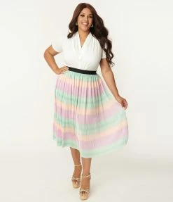 Unique Vintage Plus Size Pastel Ombre Pleated Hilty Skirt