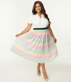 Unique Vintage Plus Size Pastel Ombre Pleated Hilty Skirt