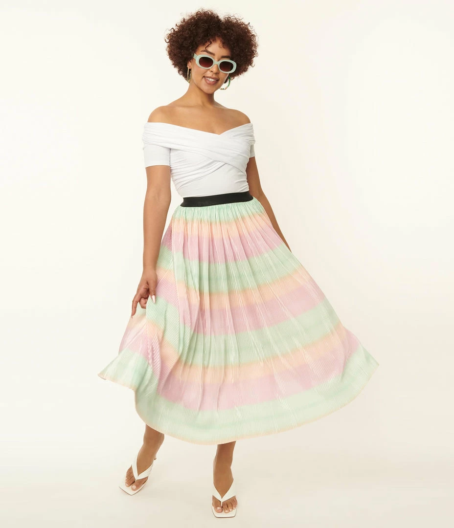 Unique Vintage Pastel Ombre Pleated Hilty Skirt