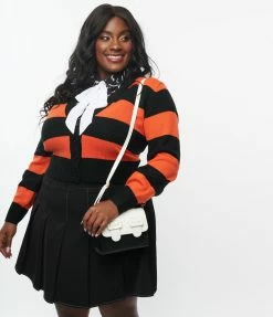Smak Parlour Plus Size 1950s Orange & Black Striped Scaredy Cat Cardigan Sale