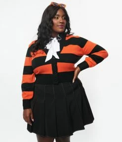 Smak Parlour Plus Size 1950s Orange & Black Striped Scaredy Cat Cardigan Sale