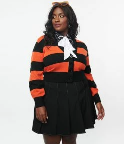 Smak Parlour Plus Size 1950s Orange & Black Striped Scaredy Cat Cardigan Sale