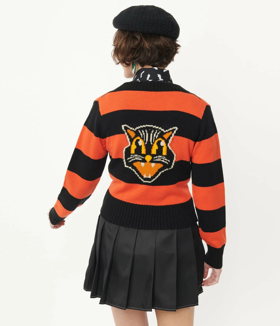 Smak Parlour 1950s Orange & Black Striped Scaredy Cat Cardigan Sale