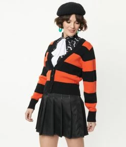 Smak Parlour 1950s Orange & Black Striped Scaredy Cat Cardigan Sale