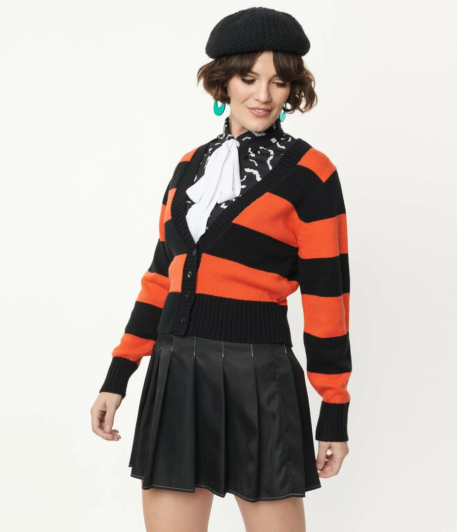 Smak Parlour 1950s Orange & Black Striped Scaredy Cat Cardigan Sale