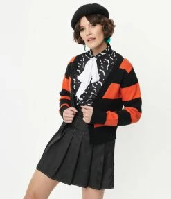 Smak Parlour 1950s Orange & Black Striped Scaredy Cat Cardigan Sale
