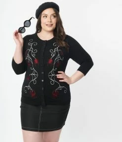 Clothing Unique Vintage Plus Size 1950s Black & Spider Embroidered Bookworm Cardigan