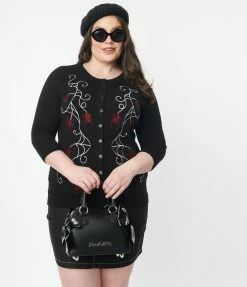 Clothing Unique Vintage Plus Size 1950s Black & Spider Embroidered Bookworm Cardigan