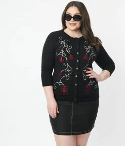 Clothing Unique Vintage Plus Size 1950s Black & Spider Embroidered Bookworm Cardigan