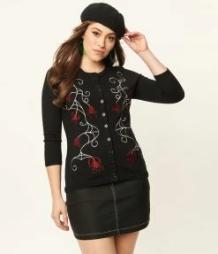 Unique Vintage 1950s Black & Spider Embroidered Bookworm Cardigan Sale