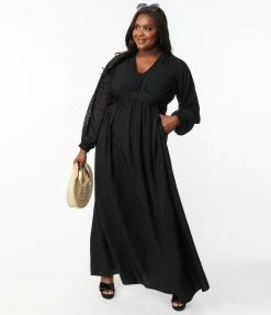 Unique Vintage Plus Size Black Texture Buttercup Maxi Dress