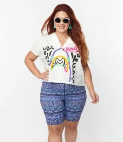 Fan Flair Jaws X Unique Vintage Plus Size Graffiti Shark Button Up Shirt