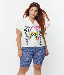 Fan Flair Jaws X Unique Vintage Plus Size Graffiti Shark Button Up Shirt