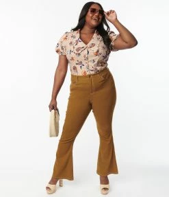 Sale Unique Vintage Plus Size Camel Brown Majors Flare Pants