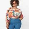 Sale Unique Vintage Plus Size Ivory & Orange Floral Print Sweet Stuff Crop Top