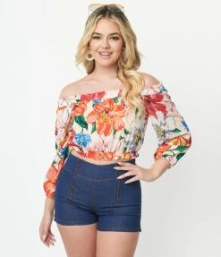 Unique Vintage Ivory & Orange Floral Print Sweet Stuff Crop Top Sale