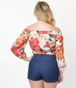 Unique Vintage Ivory & Orange Floral Print Sweet Stuff Crop Top Sale