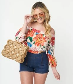 Unique Vintage Ivory & Orange Floral Print Sweet Stuff Crop Top Sale