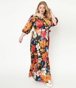 Sale Unique Vintage Plus Size Black & Pink Floral Print Sweet Escape Maxi Dress
