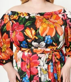 Sale Unique Vintage Plus Size Black & Pink Floral Print Sweet Escape Maxi Dress