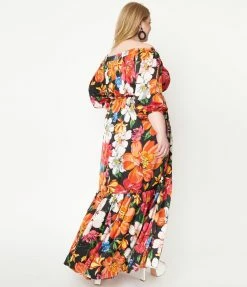 Sale Unique Vintage Plus Size Black & Pink Floral Print Sweet Escape Maxi Dress
