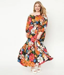 Sale Unique Vintage Plus Size Black & Pink Floral Print Sweet Escape Maxi Dress