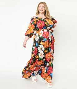 Sale Unique Vintage Plus Size Black & Pink Floral Print Sweet Escape Maxi Dress