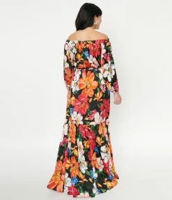 Unique Vintage Black & Pink Floral Print Sweet Escape Maxi Dress