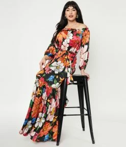 Unique Vintage Black & Pink Floral Print Sweet Escape Maxi Dress