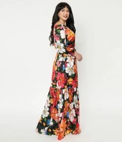 Unique Vintage Black & Pink Floral Print Sweet Escape Maxi Dress