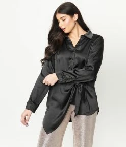 Skies Are Blue Black Faux Wrap Peplum Blouse