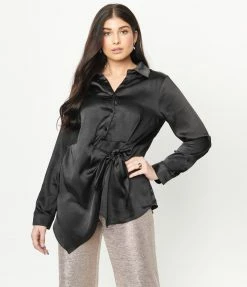 Skies Are Blue Black Faux Wrap Peplum Blouse