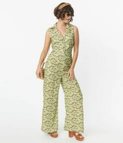 SHEEN Clothing Ltd Green & Red Flower Print Harley Jumpsuit Sale