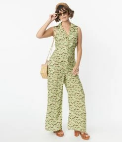 SHEEN Clothing Ltd Green & Red Flower Print Harley Jumpsuit Sale
