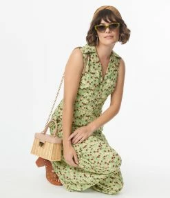 SHEEN Clothing Ltd Green & Red Flower Print Harley Jumpsuit Sale