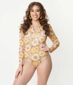 Magnolia Place Mustard Floral Print Long Sleeve Swimsuit Swimwear