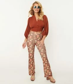 Bailey Rose Brown & Multicolor Floral Mesh Flare Pants Sale