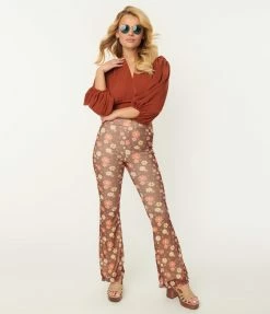 Bailey Rose Brown & Multicolor Floral Mesh Flare Pants Sale