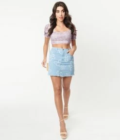 Bailey Rose Light Blue Floral Denim Mini Skirt Sale