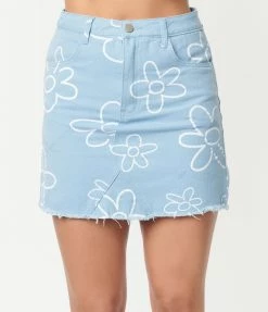 Bailey Rose Light Blue Floral Denim Mini Skirt Sale