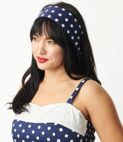 Unique Vintage Navy & White Dots Hair Scarf Hair Accessories