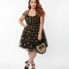 Unique Vintage Plus Size Black & Pumpkin Print Babydoll Dress Sale