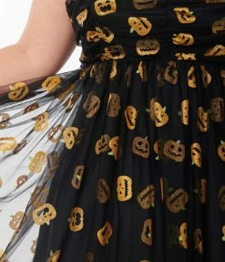 Unique Vintage Plus Size Black & Pumpkin Print Babydoll Dress Sale