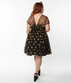 Unique Vintage Plus Size Black & Pumpkin Print Babydoll Dress Sale