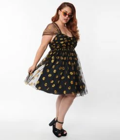 Unique Vintage Plus Size Black & Pumpkin Print Babydoll Dress Sale