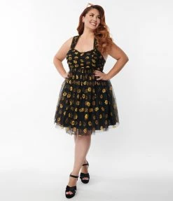 Unique Vintage Plus Size Black & Pumpkin Print Babydoll Dress Sale