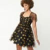 Unique Vintage Black & Pumpkin Print Babydoll Dress Sale