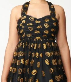 Unique Vintage Black & Pumpkin Print Babydoll Dress Sale